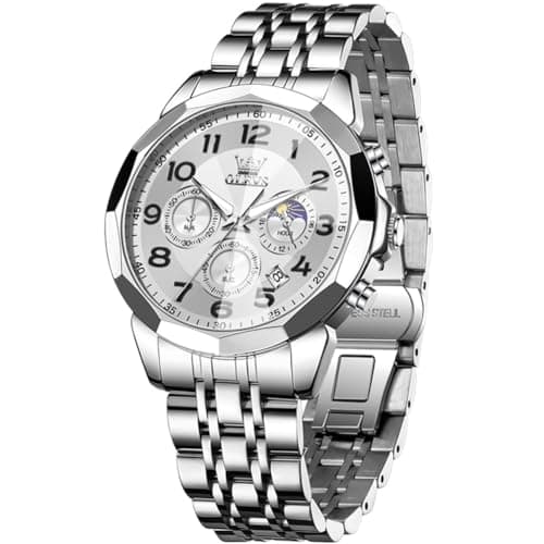 OLEVS Watch Men Silver Watch for Men Luxury Stainless Steel Big Face Dress Analog Quartz Simple Easy Read Mens Watches Moon Phase Chronograph Waterproof Luminous Men's Wrist Watches