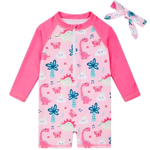 Funnycokid Toddler Swimsuit Girl 18-24 Months Bathing Suit Dinosaur Rash Guard Baby Long Sleeve Swimwear One Piece Pink with Headband - Image 1