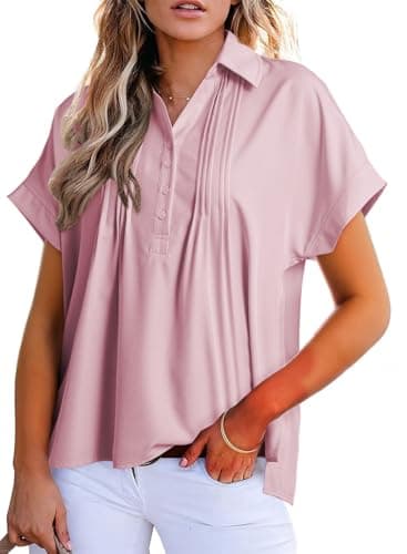Dokotoo Plus Size Tops for Women Dressy Casual Chiffon Blouse Short Sleeve Shirts for Women Collared V Neck Work Office Button Down Shirt Solid Color Loose Fit T-Shirts Pink Polo Shirts XX-Large - Image 1