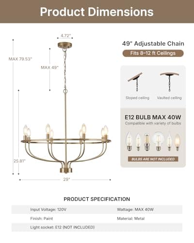 Yunnix 8 Light Champagne Bronze Chandelier, 30 Inch Large Wagon Wheel Light Fixture - UL Listed Entire Fixture - Champagne Gold Modern Farmhouse Chandelier for Dining Room, Kitchen Island, Foyer - Thumbnail 5