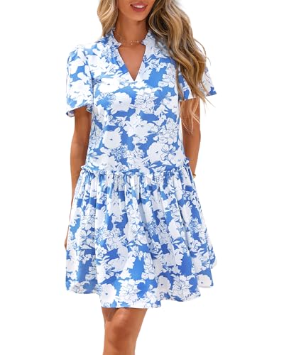 BTFBM Women Spring Dresses 2026 Short Sleeve V Neck Tiered Ruffle Boho Swing Dress A-Line Floral Mini Dresses(Floral Blue White,XX-Large) - Image 1