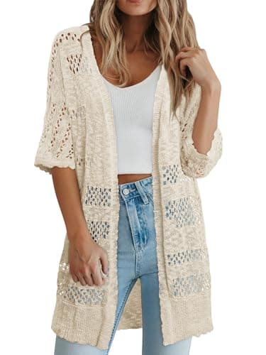 KISSMODA Crochet Cardigans for Women 2026 Summer Apricot Loose Fit Lightweight Boho Short Sleeve Open Front Cardigan for Wine Tasting Days XXL - Thumbnail 3
