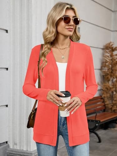 Heymoments Open Front Cardigan for Women Watermelon Red Large Long Sleeve Loose V Neck Outerwear Causal Bolero Lightweight Soft Drape Spring Fall Winter Tops Breathable Knitted Sweaters - Thumbnail 3