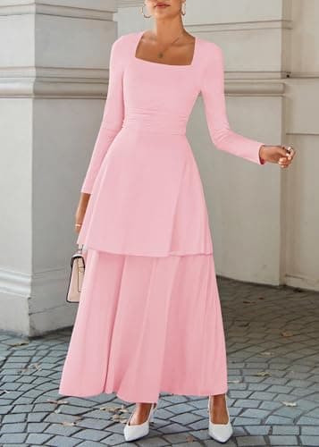 Lazysmile Women's Long Sleeve Fall Dresses Square Neck Ruched Waist Ruffle Hem Flowy Elegant Modest Boho Casual Maxi Dress Pink - Thumbnail 5