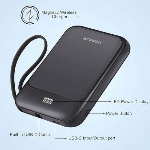 VONUV Magnetic Power Bank 10000mAh, Wireless Portable Charger with 15W Max Fast Charging & Built-in USB-C Cable, 22.5W PD LED Display Battery Pack Compatible with iPhone 17/16/15, Samsung Galaxy - Thumbnail 5