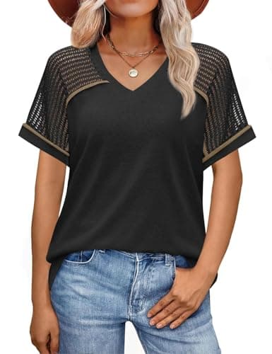 JUSTFASHIONNOW Womens Fashion V Neck Tops Short Sleeve Shirts for Women Trendy Summer Cute Tops and Loose Blouses Dressy Casual Outfits Black L - Image 1