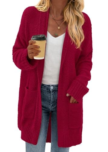 KIRUNDO Cardigan Sweaters for Women 2026 Fall Chunky Fuzzy Knit Open Front Loose Long Sleeve Sweater Coats Winter Clothing(Burgundy, Large) - Image 1
