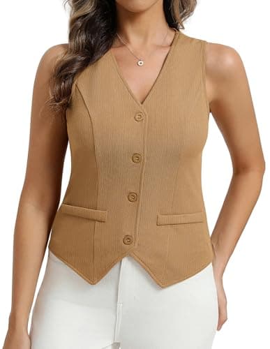 Belle Poque Womens Vest Top Trendy Knitted Waistcoat Sleeveless Button Down Tops Suit Vest Tops (Khaki,XL) - Image 1