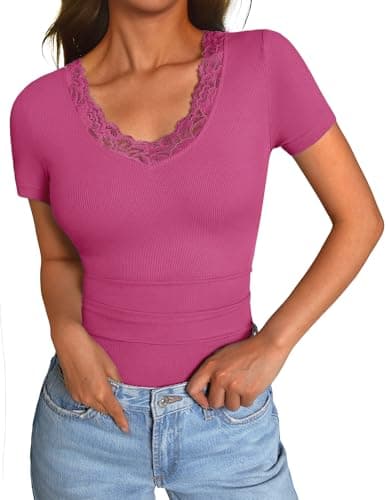 GKBK V Neck T Shirts for Women Lace Tops Going Out Casual Ribbed Tight Fitted Shirts Basic Tee Shirt 2026 Spring Clothes Summer Fashion Outfits Trendy Hot Pink - Image 1