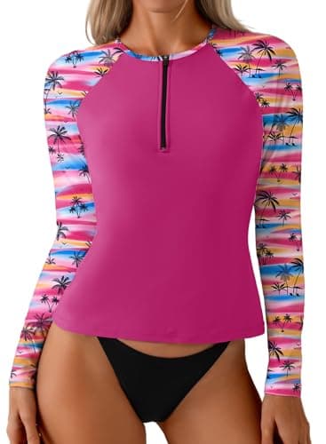Dokotoo Women's Zip Front Rash Guard Long Sleeve Swimwear Top High Stretch Quick Dry Athletic Swim Shirt Hot Pink Small