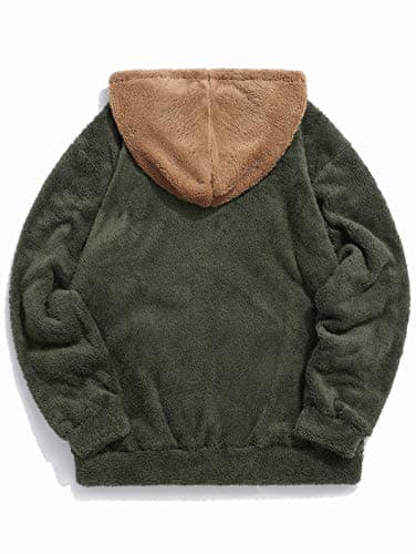 ZAFUL Color Blocking Fuzzy Hoodie Unisex Men Sherpa Pullover Loose Fluffy Sweatshirt (Army green-B, XL) - Thumbnail 2
