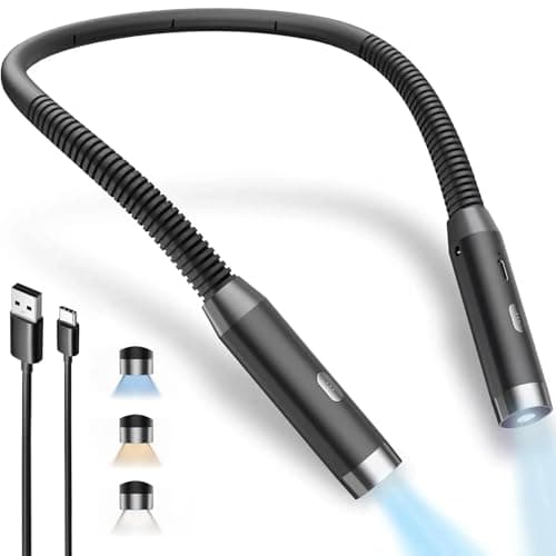 LED Neck Reading Light, 3-Color & 3-Brightness Adjustable Bendable Neck Light, USB Rechargeable Book Light for Reading in Bed, Knitting, Crochet, Camping, Working, Book Lovers Gifts (Black)