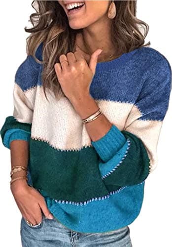 Angashion Women's Sweaters Casual Long Sleeve Crewneck Color Block Patchwork Pullover Knit Sweater Tops Blue XX-Large - Image 1