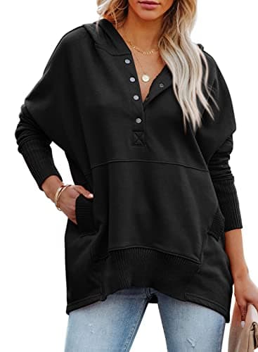PRETTYGARDEN Womens Oversized Button Pullover Long Sleeve Fall Sweatshirt V Neck Hoodies Pullover Sweatshirts with Pockets (Black,X-Large) - Image 1