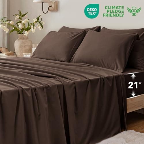 USXIBEI 6 Piece Full Sheet Set – Breathable & Cooling Bedding Set with 18-24 Inch Deep Pockets - 1 Flat & 1 Fitted Sheet & 4 Pillowcases（Full Dark Brown - Thumbnail 3