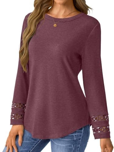 GKBK Womens Long Sleeve Tops Business Dressy Casual Blouses Crewneck Loose Fit Lightweight T Shirts Cute Work Tee Ladies Tunic 2025 Fall Winter Fashion Clothes Trendy Outfits Wine Red S - Thumbnail 3