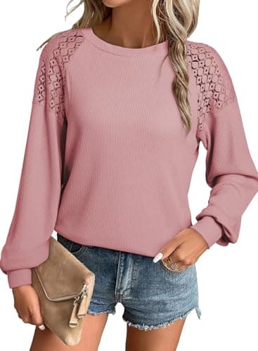 EVALESS Womens Long Sleeve Waffle Knit Tops Crewneck Lace Patchwork Cute T Shirts Fashion Spring Fall Tops for Women 2025 Business Office Casual Lace Patchwork Tshirts Loose Basic Tops XX-Large - Image 1
