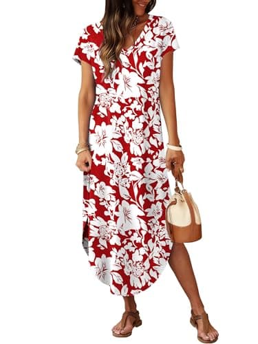 RUMIA Summer Casual Maxi Dresses for Women- Women's V Neck Cap Sleeve Long Sundress with Pockets Beach Vacation - Thumbnail 2