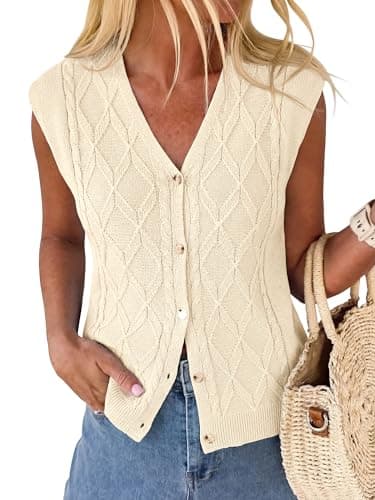 BTFBM Sweater Vest Women V Neck Cap Sleeve Button Down Knit Tops Spring Summer 2026 Loose Lightweight Cardigan Vests(Beige, Medium) - Image 1