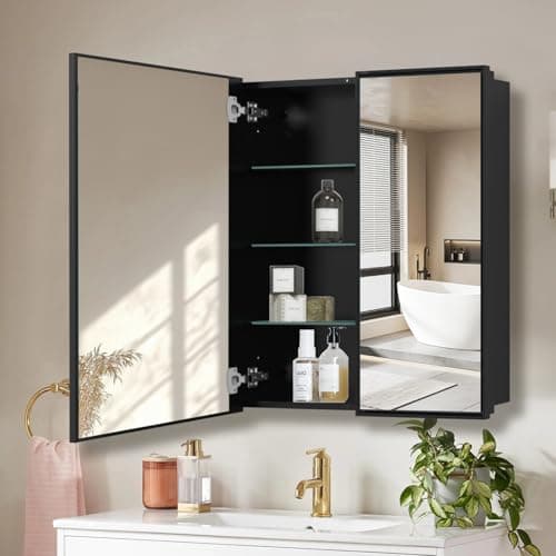 FOMAYKO Medicine Cabinet with Aluminum Framed Mirror,36"x32" Surface Mount or Recessed Mount Bathroom Vanity Mirror,Single Door Bathroom Mirror with Storage Cabinet - Image 1