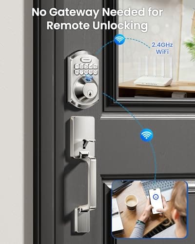 TEEHO TE012W-H WiFi Keypad Door Lock with Handle Set, Fingerprint Smart Locks, Front Door Keyless Entry, APP Remote & Voice Control, Digital Deadbolt with 2 Keys, Auto-Lock, Easy Install, Satin Nickel - Thumbnail 3