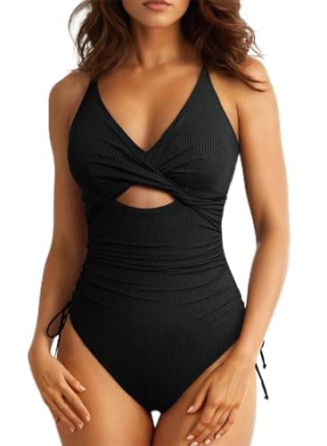 Aleumdr Women's Ribbed One Piece Swimsuit Tummy Control Bathing Suit Cheeky V Neck High Cut Cross Back Swimwear Black Small