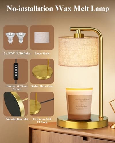 Candle Warmer Lamp with Timer Dimmer, Candle Lamp Warmer with Linen Shade - Birthday House Warming Gift for Women Mom Her - New Home Decor for Bedroom with 2 Bulbs (Gold) - Thumbnail 6