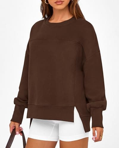 BTFBM Women's Casual Crewneck Sweatshirts 2026 Spring Long Sleeve Side Slit Workout Fleece Pullover Top Fashion Clothing(Coffee, X-Large) - Thumbnail 6