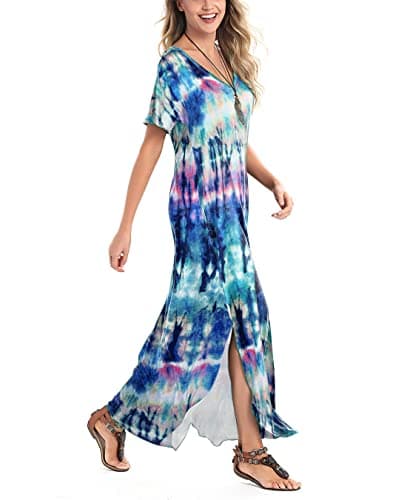 Arolina Women Summer Maxi Dress Short Sleeve V Neck Casual Loose Long Split Dresses Beach Vacation Sundress with Pockets Floral Blue - Thumbnail 3