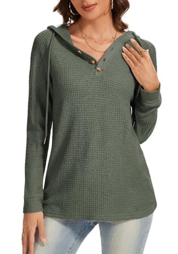 Dimur Waffles Knit Pullover Tops Christmas Drawstring Hoodie Business Casual Outfits for Women V Neck Dressy Crochet Tops for Women Casual Style - Thumbnail 2