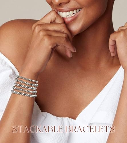 adoyi Silver Bracelets for Women Beaded Bracelet 14K Gold Plated Bracelet Stack Strand Stretch Bead Ball Bracelet Set Stackable Bracelet Adjustable Bracelet Set Jewelry for Women 7.25 inches - Thumbnail 2