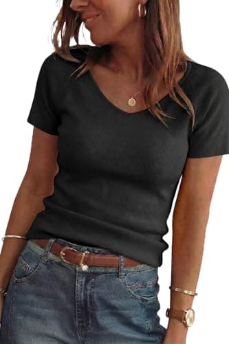 Arach&Cloz Women's 2026 Wool Blend Spring Summer Tops V Neck Short Sleeve Sweater Shirts Pullover Lightweight Soft Cozy Slim Fit Cashmere Stretchy Business Casual Outfits Work Tops Trendy Black S - Image 1