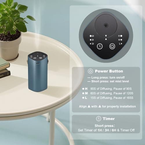 Waterless Essential Oil Diffuser for Car & Home, Aromatherapy Diffuser with 4 Timer (1/3/6/Off), 3 Mist Mode, Battery Operated, Air Scent Diffuser for Bathroom Office, Small Aroma Diffuser Greyblue - Thumbnail 5