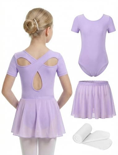 JiAmy 3PCS Girls Ballet Leotards with Skirt Tights Set, Cross Back Dance Dress, Toddler Ballerina for Little Big Kid 7-8 Years Purple - Image 1