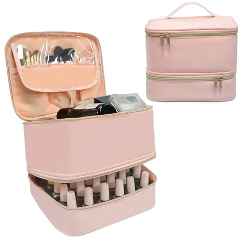 LIVEBAY Nail Polish Organizer Case, Double-Layer Nail Supplies Organizer Holds 30 Bottles & Nail Lamp, Professional Nail Kit Storage Makeup Carrying Case (Pink) - Image 1