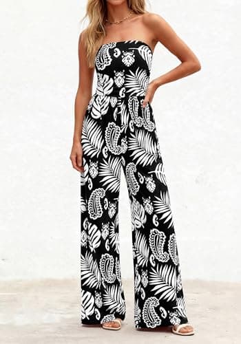 BTFBM Jumpsuits For Women Casual 2026 Floral Strapless Jumpsuit Wide Leg Rompers Beach Vacation Clothes Summer Outfits(Floral Black White, XX-Large) - Thumbnail 4