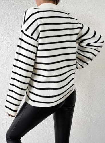 EVALESS Womens Sweaters Lapel V Neck Trendy Long Sleeve Tops Fashion Color Block Striped Henley Shirts Winter 2025 Oversized Fall Tunic Spring Clothes XL White - Thumbnail 2