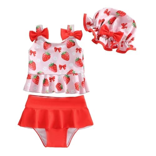 DivingBirds Baby Girls Toddler Two-Piece Swimsuit with Hat, Ruffle Bowknot Bathing Suit Swimwear Set Red for 3-6 Months - Image 1