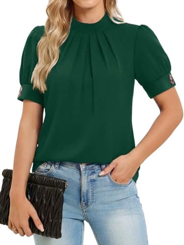 Funlingo Dressy Casual Tops for Women Short Puff Sleeve Work Blouses Mock Neck Flowy Office Tunic Shirts 2026 Summer Clothing Green M - Image 1