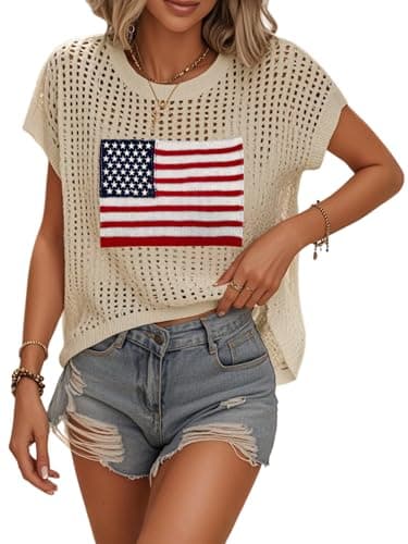 Bellcoco Crochet Tops for Women Summer Vacation Outfits Beach Cover Ups Cute Hollow Out Pullover American Flag 4th of July Sweater Vest Cap Sleeve Clothes 2026 Flag Apricot Large - Image 1