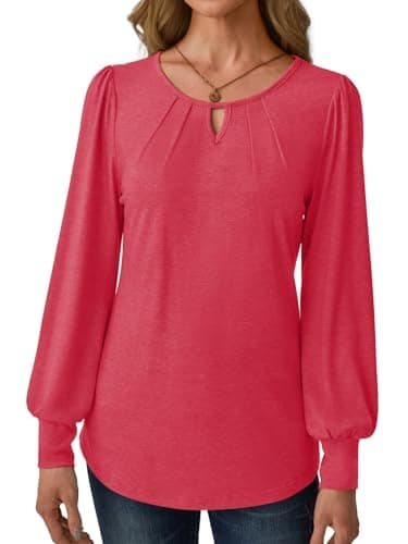 GKBK Women Long Sleeve Tops Dressy Business Casual Blouses Basic Loose Fit Crewneck Work Shirts Pleated Keyhole 2025 Fall Winter Clothes Stylish Outfits Red Medium - Thumbnail 5