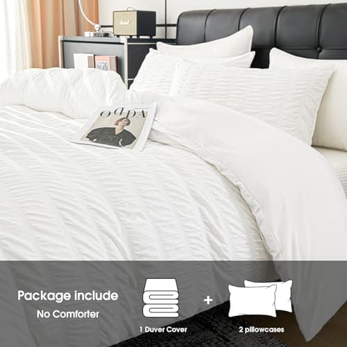 DCSKY White Duvet Cover King Size, Ultra Soft 3-Piece Boho Seersucker Duvet Cover Set with Zipper Closure, Soft Washed Microfiber Bedding Set (104"x90", 2 Pillowshams) - Thumbnail 4