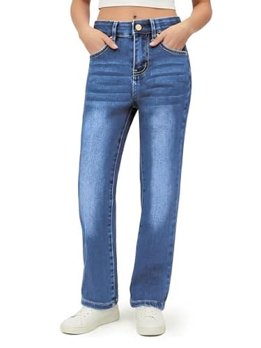 PATPAT Girls Bootcut Jeans Size 7, Blue, Elastic Waist Jeans with Pockets Straight Leg Pants 6-7 - Image 1