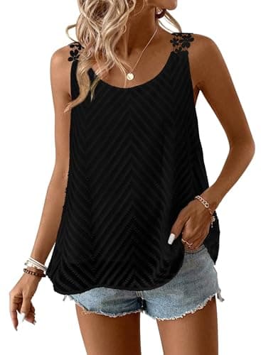 Falechay Black Tank Top Woman Chiffon Flowy Blouses Cute Boho Pullover Boat Neck Spring Loose Vacation Sleeveless Work Dressy Casual Plus Size 2XL - Image 1