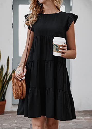 KIRUNDO Womens Dresses Summer Casual Sleeveless Ruffle Sleeve Round Neck Black Loose Short Flowy Pleated Mini Babydoll Dress(Black, X-Large) - Thumbnail 6