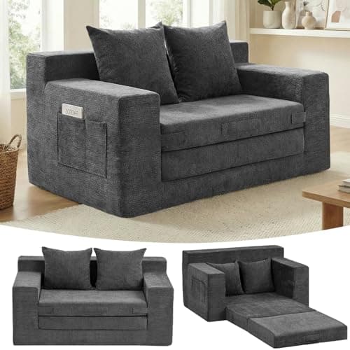 Boneless Loveseat Sleeper Sofa Bed: 3-in-1 Convertible Sofa Bed with Side Pockets & Handle,Pull Out Couch with 2 Pillows,Folding Futon for Small Space,Living Room & Bedroom,Chenille Fabric,No Assembly - Image 1