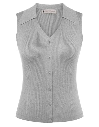 Belle Poque Women's Button Down Tank Tops Summer Ribbed Vest Top Sleeveless V Neck Collared Vest Shirt Slim Fit Going Out Tops Dark Gray,M - Image 1