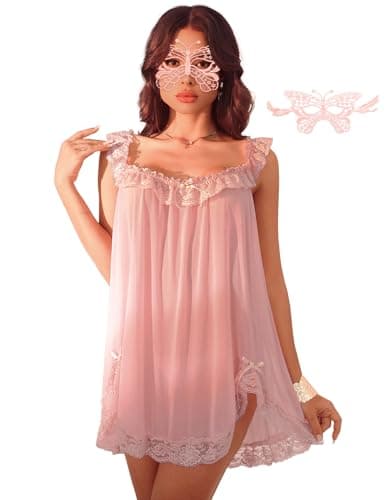 FAMIHAO Sexy Bows Split Side Ruffle Lace Mesh Sheer Babydoll Lingerie Dress Set with Thong+Lace Eye Mask 3 Piece,Pink L - Image 1
