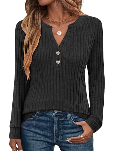 ANRABESS Womens Henley Shirts Long Sleeve Tunic Tops 2025 Fall Fashion Outfits Ribbed Knit Sweaters Ladies Casual Clothes Black