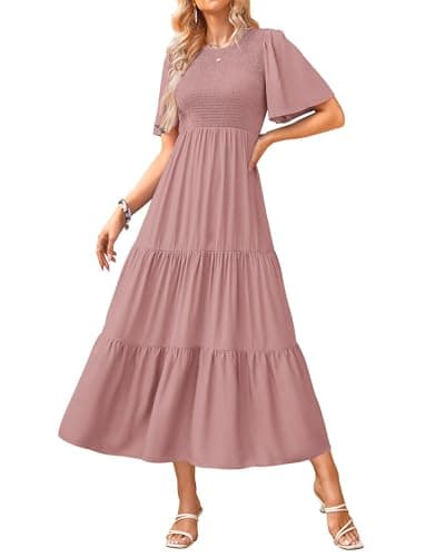 KIRUNDO Summer Dresses for Women 2026 Vacation Casual Flutter Short Sleeve A Line Midi Elegant Crewneck High Waist Party Dress(XX-Large, Pink) - Image 1